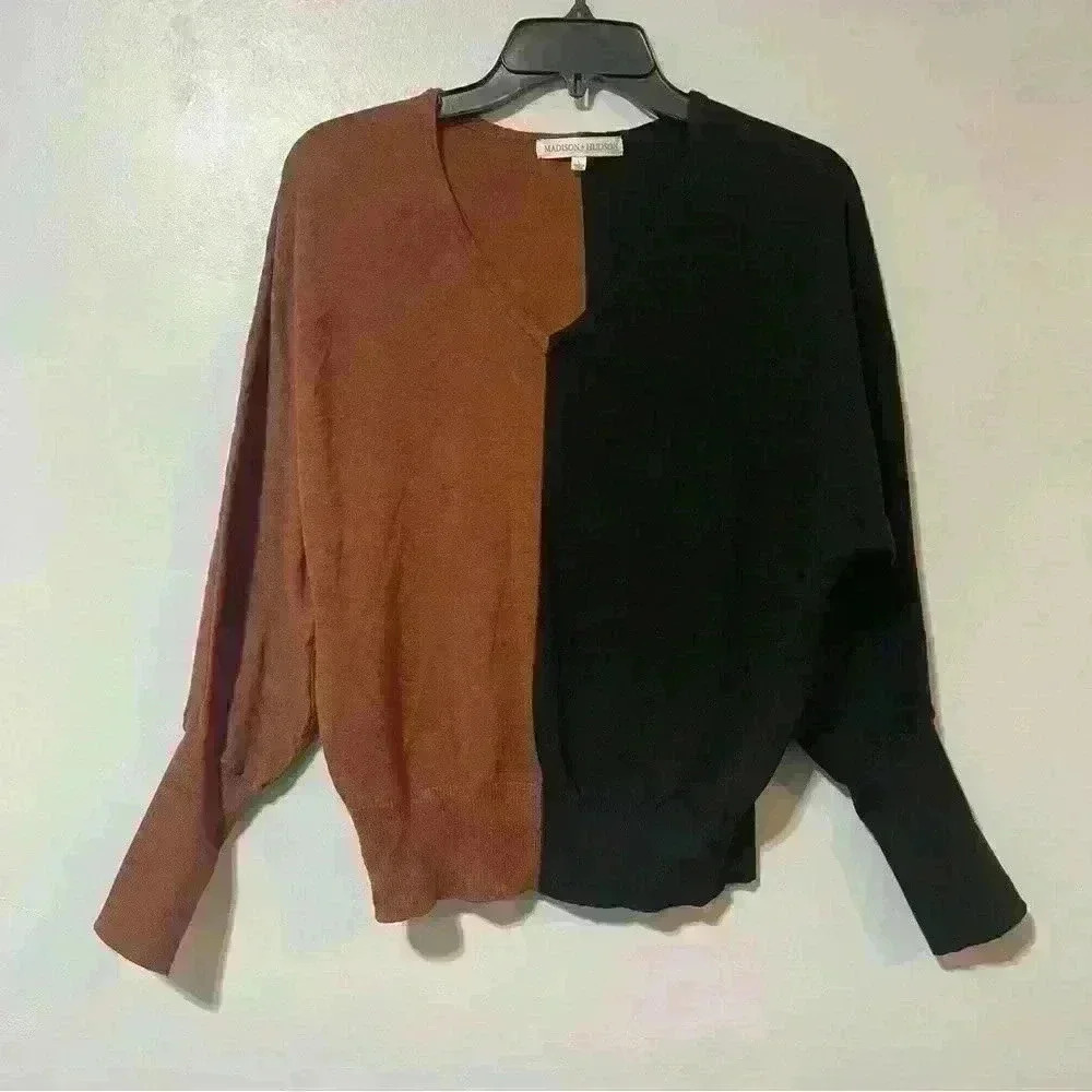 Madison + Hudson Thin V-Neck Colorblock Brown Black Dolman Sleeve Sweater Large - Picture 2 of 9